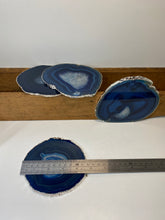 Load image into Gallery viewer, Set of 4 Blue polished Agate Slice drink coasters with Silver Electroplating around the edges 05
