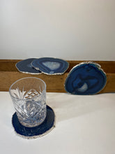Load image into Gallery viewer, Set of 4 Blue polished Agate Slice drink coasters with Silver Electroplating around the edges 05