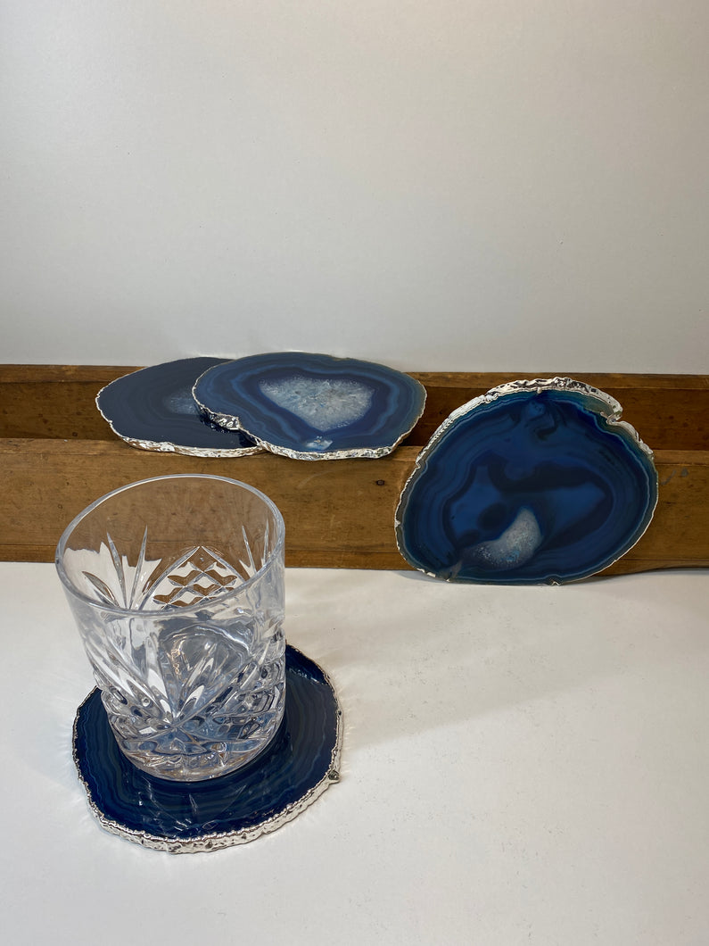 Set of 4 Blue polished Agate Slice drink coasters with Silver Electroplating around the edges 05
