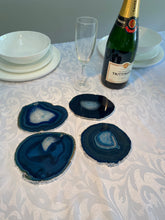 Load image into Gallery viewer, Set of 4 Blue polished Agate Slice drink coasters with Silver Electroplating around the edges 05