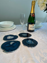 Load image into Gallery viewer, Set of 4 Blue polished Agate Slice drink coasters with Silver Electroplating around the edges 05