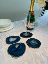 Load image into Gallery viewer, Set of 4 Blue polished Agate Slice drink coasters with Silver Electroplating around the edges 05
