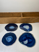 Load image into Gallery viewer, Set of 4 Blue polished Agate Slice drink coasters with Silver Electroplating around the edges 05