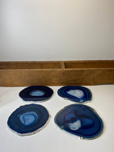 Load image into Gallery viewer, Set of 4 Blue polished Agate Slice drink coasters with Silver Electroplating around the edges 05