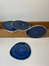 Load image into Gallery viewer, Set of 4 Blue polished Agate Slice drink coasters with Silver Electroplating around the edges 06