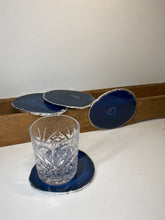 Load image into Gallery viewer, Set of 4 Blue polished Agate Slice drink coasters with Silver Electroplating around the edges 06