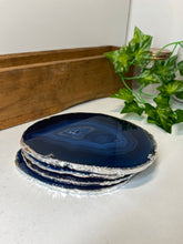 Load image into Gallery viewer, Set of 4 Blue polished Agate Slice drink coasters with Silver Electroplating around the edges 06