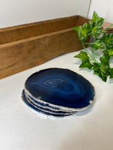 Load image into Gallery viewer, Set of 4 Blue polished Agate Slice drink coasters with Silver Electroplating around the edges 06