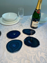 Load image into Gallery viewer, Set of 4 Blue polished Agate Slice drink coasters with Silver Electroplating around the edges 06