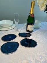 Load image into Gallery viewer, Set of 4 Blue polished Agate Slice drink coasters with Silver Electroplating around the edges 06
