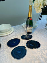 Load image into Gallery viewer, Set of 4 Blue polished Agate Slice drink coasters with Silver Electroplating around the edges 06