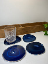 Load image into Gallery viewer, Set of 4 Blue polished Agate Slice drink coasters with Silver Electroplating around the edges 06