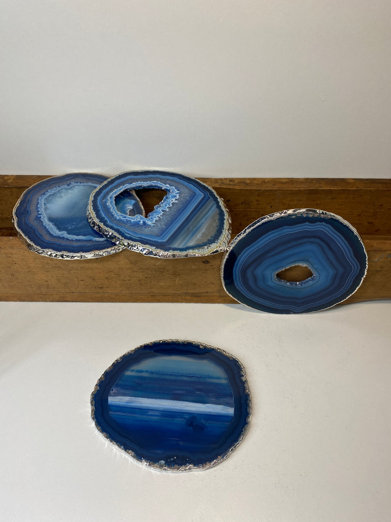 Set of 4 Blue polished Agate Slice drink coasters with Silver Electroplating around the edges 07
