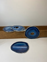 Load image into Gallery viewer, Set of 4 Blue polished Agate Slice drink coasters with Silver Electroplating around the edges 07