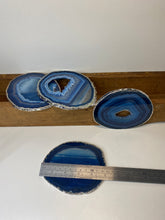 Load image into Gallery viewer, Set of 4 Blue polished Agate Slice drink coasters with Silver Electroplating around the edges 07