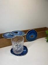 Load image into Gallery viewer, Set of 4 Blue polished Agate Slice drink coasters with Silver Electroplating around the edges 07