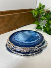 Load image into Gallery viewer, Set of 4 Blue polished Agate Slice drink coasters with Silver Electroplating around the edges 07