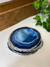 Load image into Gallery viewer, Set of 4 Blue polished Agate Slice drink coasters with Silver Electroplating around the edges 07