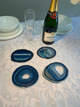 Load image into Gallery viewer, Set of 4 Blue polished Agate Slice drink coasters with Silver Electroplating around the edges 07
