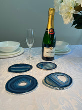 Load image into Gallery viewer, Set of 4 Blue polished Agate Slice drink coasters with Silver Electroplating around the edges 07
