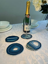 Load image into Gallery viewer, Set of 4 Blue polished Agate Slice drink coasters with Silver Electroplating around the edges 07