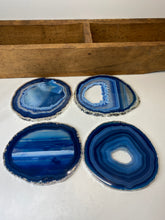 Load image into Gallery viewer, Set of 4 Blue polished Agate Slice drink coasters with Silver Electroplating around the edges 07