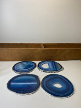 Load image into Gallery viewer, Set of 4 Blue polished Agate Slice drink coasters with Silver Electroplating around the edges 07