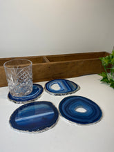 Load image into Gallery viewer, Set of 4 Blue polished Agate Slice drink coasters with Silver Electroplating around the edges 07