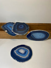 Load image into Gallery viewer, Set of 4 Blue polished Agate Slice drink coasters with Silver Electroplating around the edges 08