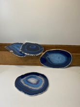 Load image into Gallery viewer, Set of 4 Blue polished Agate Slice drink coasters with Silver Electroplating around the edges 08