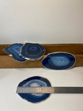 Load image into Gallery viewer, Set of 4 Blue polished Agate Slice drink coasters with Silver Electroplating around the edges 08