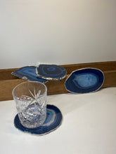Load image into Gallery viewer, Set of 4 Blue polished Agate Slice drink coasters with Silver Electroplating around the edges 08