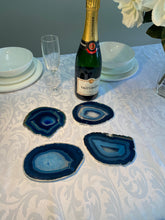 Load image into Gallery viewer, Set of 4 Blue polished Agate Slice drink coasters with Silver Electroplating around the edges 08