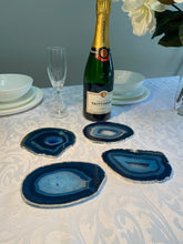 Load image into Gallery viewer, Set of 4 Blue polished Agate Slice drink coasters with Silver Electroplating around the edges 08