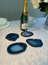 Load image into Gallery viewer, Set of 4 Blue polished Agate Slice drink coasters with Silver Electroplating around the edges 08