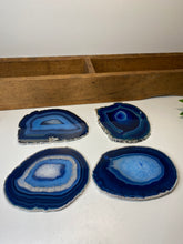 Load image into Gallery viewer, Set of 4 Blue polished Agate Slice drink coasters with Silver Electroplating around the edges 08