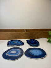 Load image into Gallery viewer, Set of 4 Blue polished Agate Slice drink coasters with Silver Electroplating around the edges 08