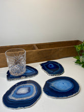 Load image into Gallery viewer, Set of 4 Blue polished Agate Slice drink coasters with Silver Electroplating around the edges 08