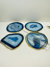 Load image into Gallery viewer, Set of 4 Blue polished Agate Slice drink coasters with gold Electroplating around the edges
