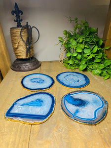 Set of 4 Blue polished Agate Slice drink coasters with gold Electroplating around the edges