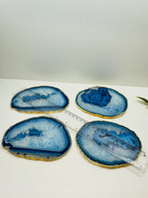 Load image into Gallery viewer, Set of 4 Blue polished Agate Slice drink coasters with gold Electroplating around the edges