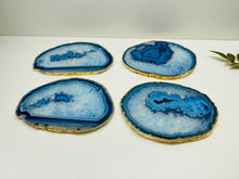 Load image into Gallery viewer, Set of 4 Blue polished Agate Slice drink coasters with gold Electroplating around the edges