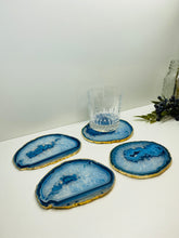Load image into Gallery viewer, Set of 4 Blue polished Agate Slice drink coasters with gold Electroplating around the edges