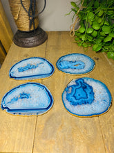 Load image into Gallery viewer, Set of 4 Blue polished Agate Slice drink coasters with gold Electroplating around the edges