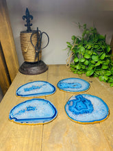Load image into Gallery viewer, Set of 4 Blue polished Agate Slice drink coasters with gold Electroplating around the edges
