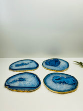 Load image into Gallery viewer, Set of 4 Blue polished Agate Slice drink coasters with gold Electroplating around the edges