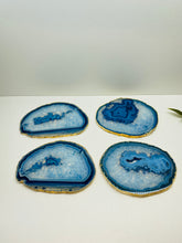 Load image into Gallery viewer, Set of 4 Blue polished Agate Slice drink coasters with gold Electroplating around the edges
