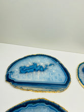 Load image into Gallery viewer, Set of 4 Blue polished Agate Slice drink coasters with gold Electroplating around the edges