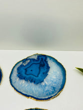 Load image into Gallery viewer, Set of 4 Blue polished Agate Slice drink coasters with gold Electroplating around the edges