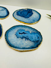 Load image into Gallery viewer, Set of 4 Blue polished Agate Slice drink coasters with gold Electroplating around the edges